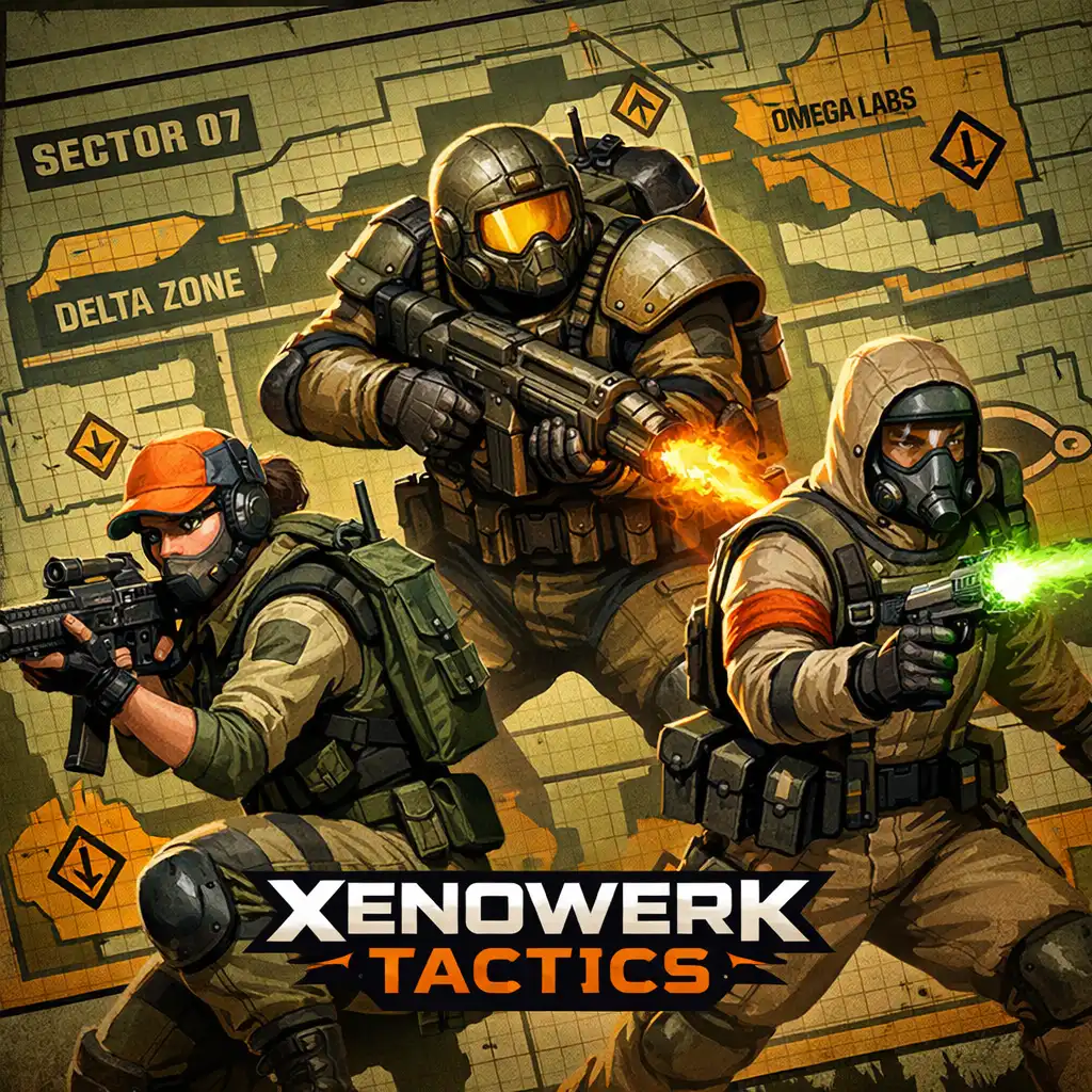 Kolaż trzech postaci z Xenowerk Tactics w pozach bojowych na tle sektorowej mapy