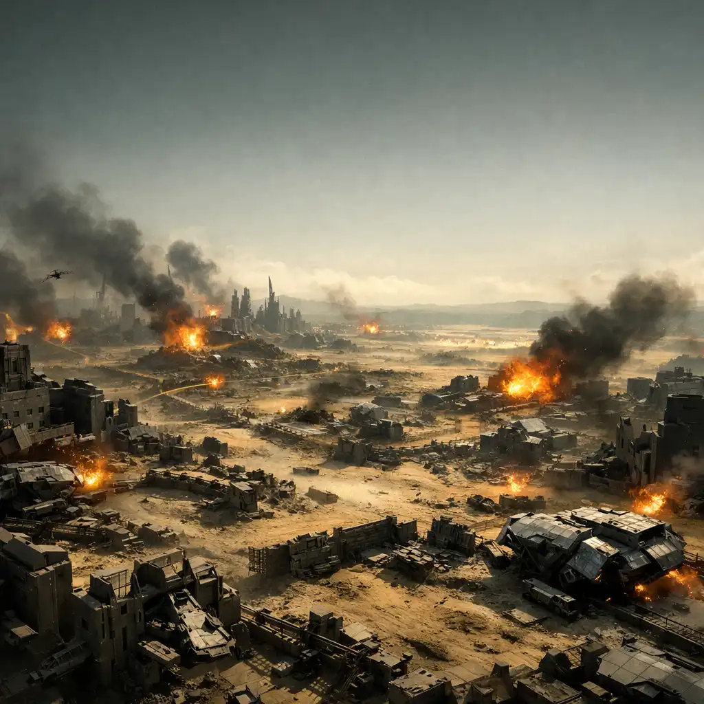 Taktyczny widok futurystycznego pola bitwy w klimacie science fiction z dymem i eksplozjami