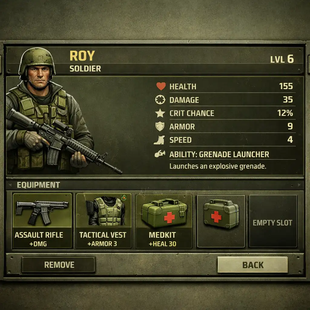 Screenshot z Xenowerk Tactics pokazujący interfejs zarządzania drużyną ze statystykami postaci i wyposażeniem