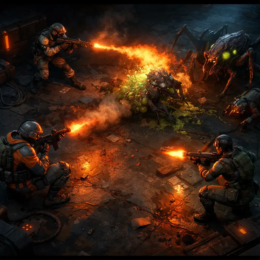 Screenshot z Xenowerk Tactics przedstawiający drużynę żołnierzy w sci-fi środowisku podczas walki z obcymi